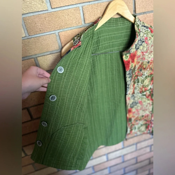 Olive Red Yellow Patchwork Print Quilted Reversible Boho Vest Floral Fall - Picture 4 of 8